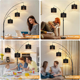Dimmable Floor Lamp-3 Lights Arc Floor Lamps,Modern Tall Standing Lamp With Black Drum Hollow-carved Linen Shades