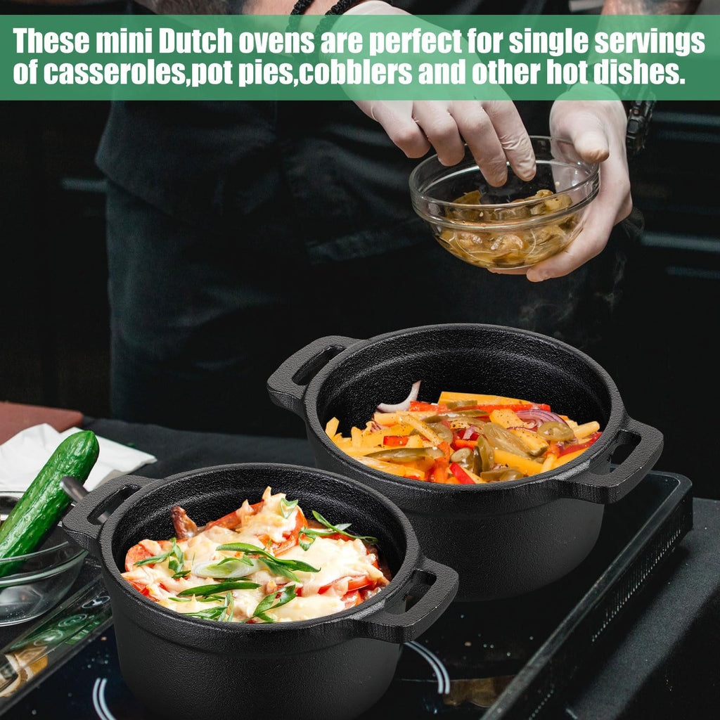 2 Sets 8 oz Dutch Oven Pot with Lid, Mini Cast Iron Pot