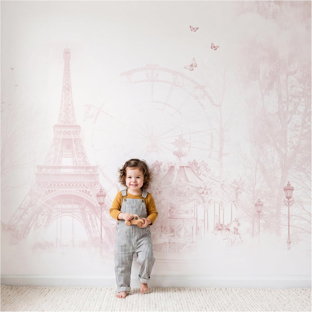 Girls Nursery Wall Murals: Pink Paris & Eiffel Tower Wallpaper | Parisian Carousel Theme, Peel & Stick or