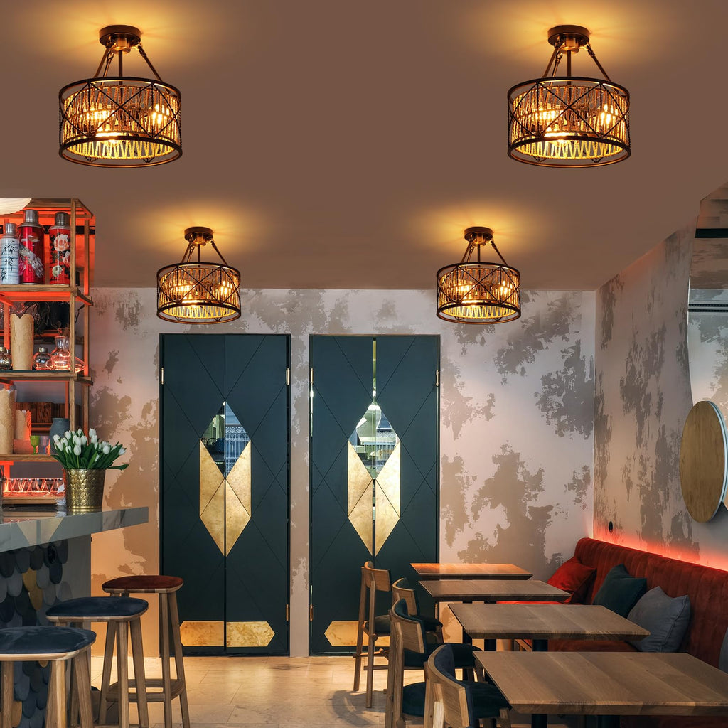 3-Light Hand Woven Boho Ceiling Light, Farmhouse Industrial Dual Round Semi Flush Mount Chandelier, Black Gold Rattan