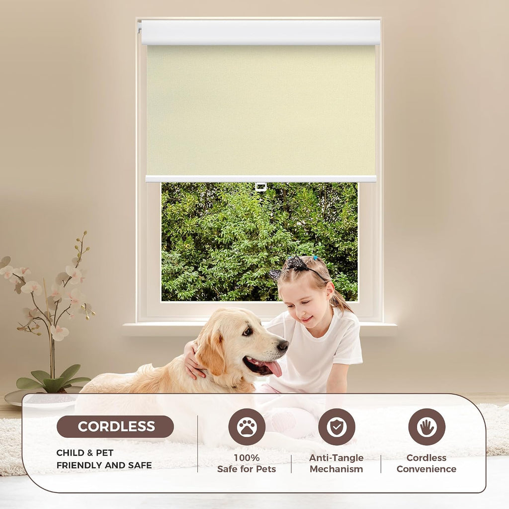 No Drill No Tools Blackout Roller Shades for Windows, (Beige 48 x 48), Renter-Friendly, UV Protection, no-Drill