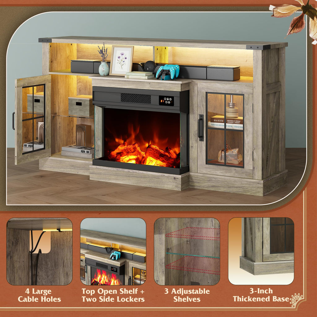 3-Sided Glass Electric for 65 Inch TV, Entertainment Center with 14 Flame Colors & Adjustable LED Storage Cabinets