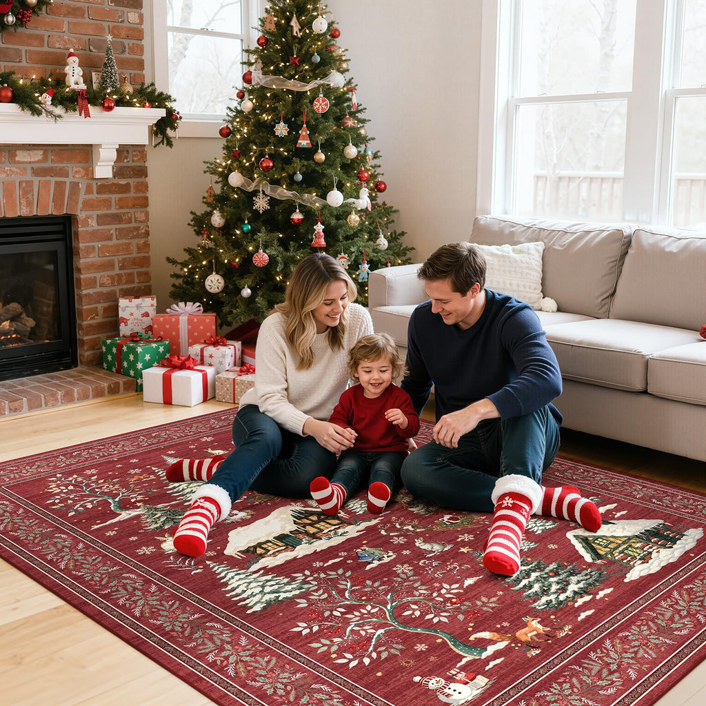 Christmas 8x10 Area Rug, Washable, Traditional, Red