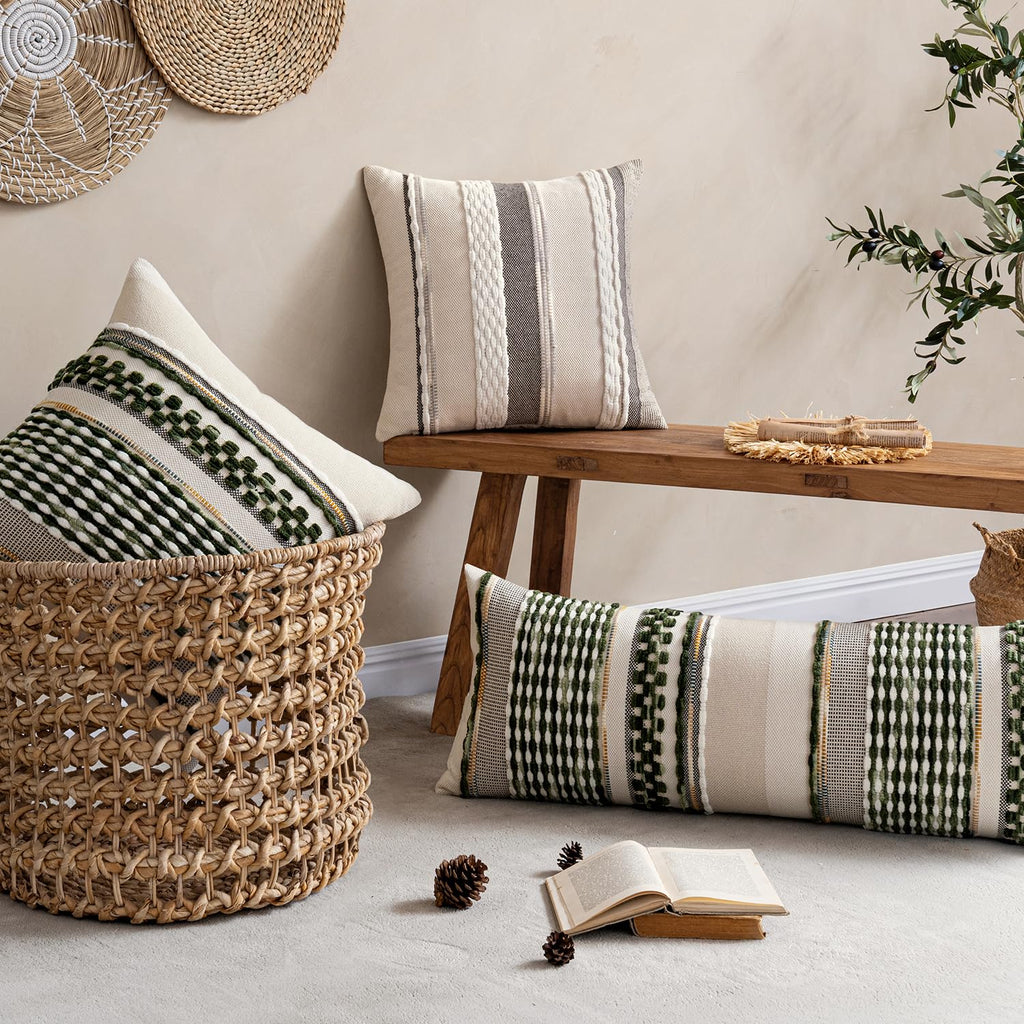 Boho Decorative Pillow Covers Olive Green Stripe 14x36 Pack of 1