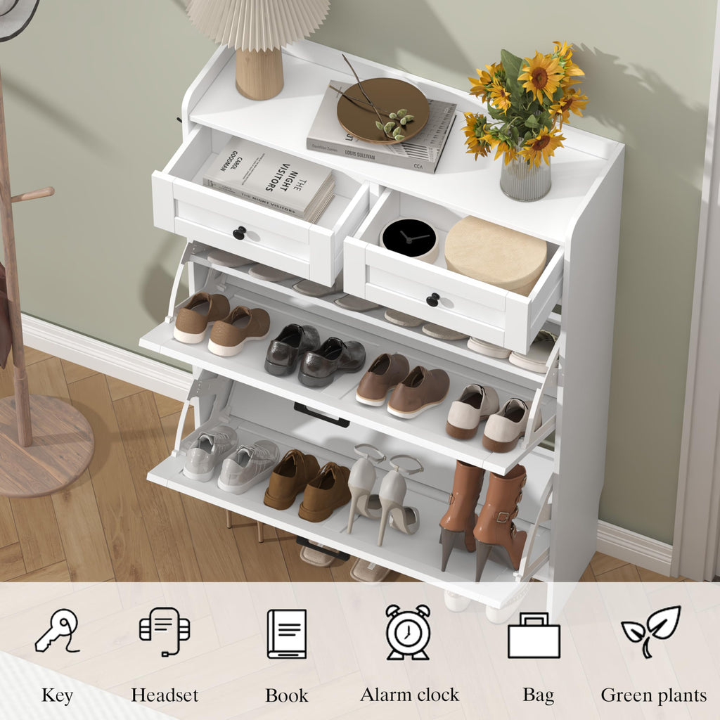 White Shoe Cabinet with 2 Flip Drawers & 2 Storage Drawers, Rustic Farmhouse Narrow Shoe Organizer Cabinet, Slim Shoe