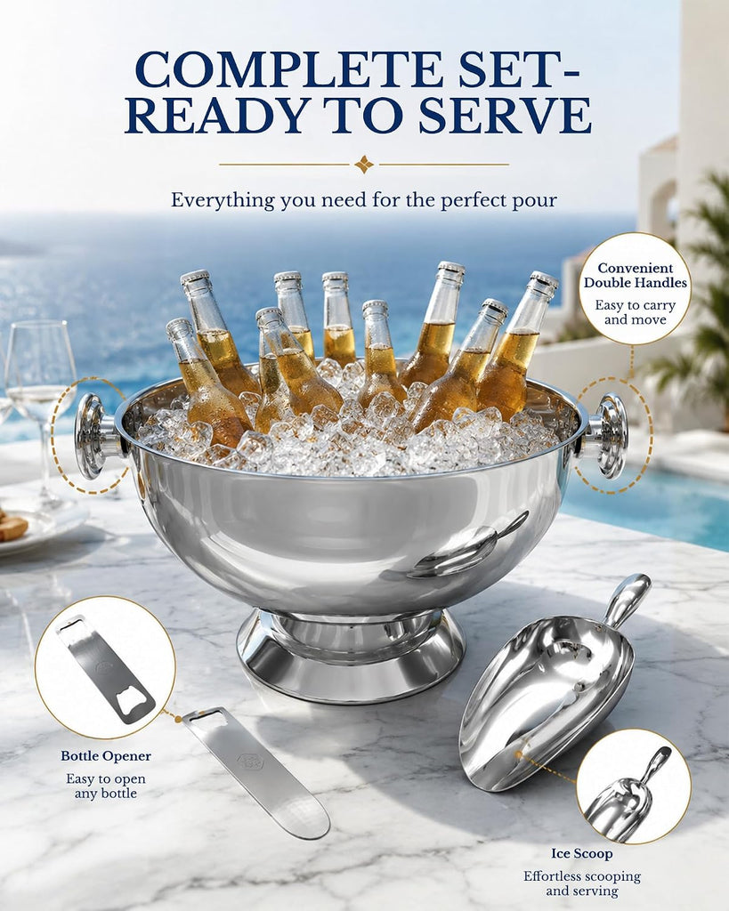 Large Stainless Steel Ice Bucket Beverage Tub for Parties, Beer Wine Cooler