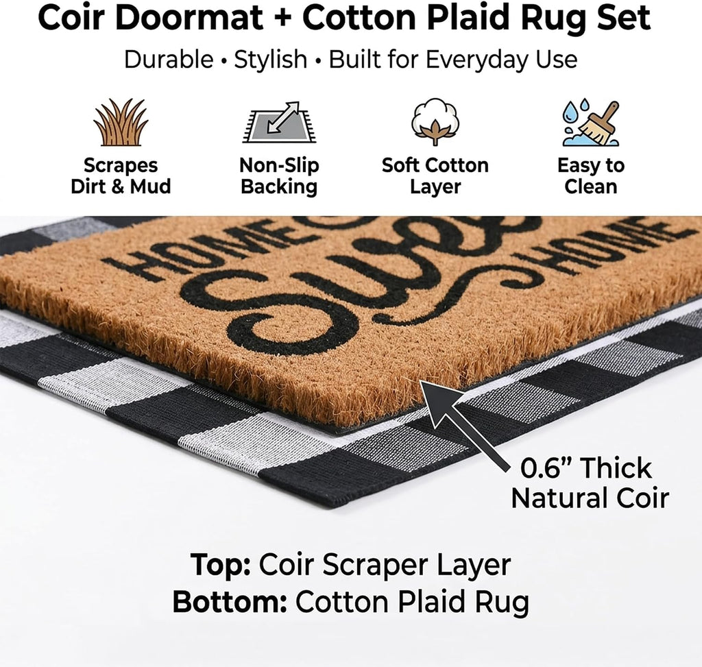 Home Sweet Home Doormat Set, 2-Piece Layered Front Porch Mat Combo, Natural Coir Welcome Mat with Black and White