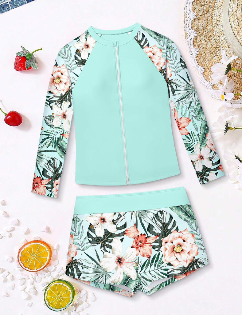 Girls Rash Guard Swimsuit 2 Piece Bathing Suit Long Sleeve Full Zip Tropical Print Boyshorts Beach Swimwear