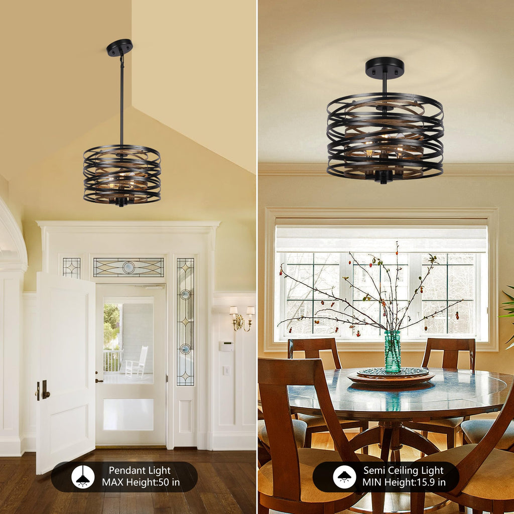3-Light Dining Room Chandelier, 12.6" Rustic Black Drum Chandeliers, Wood Grain and Vintage Light Fixture Entryway