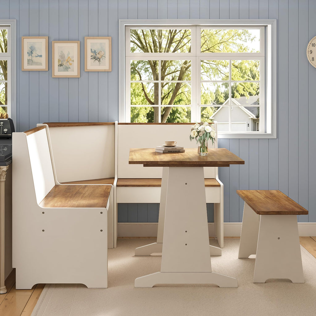 3-Piece Corner Dining Set with Hidden Storage, White & Barnwood