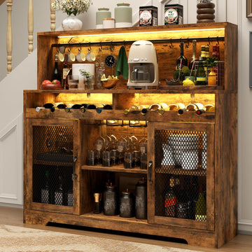 Wine Bar Cabinet with LED Light, Liquor Cabinet with Glass Holder, Coffee Bar for Liquor, Storage Buffet with Wine