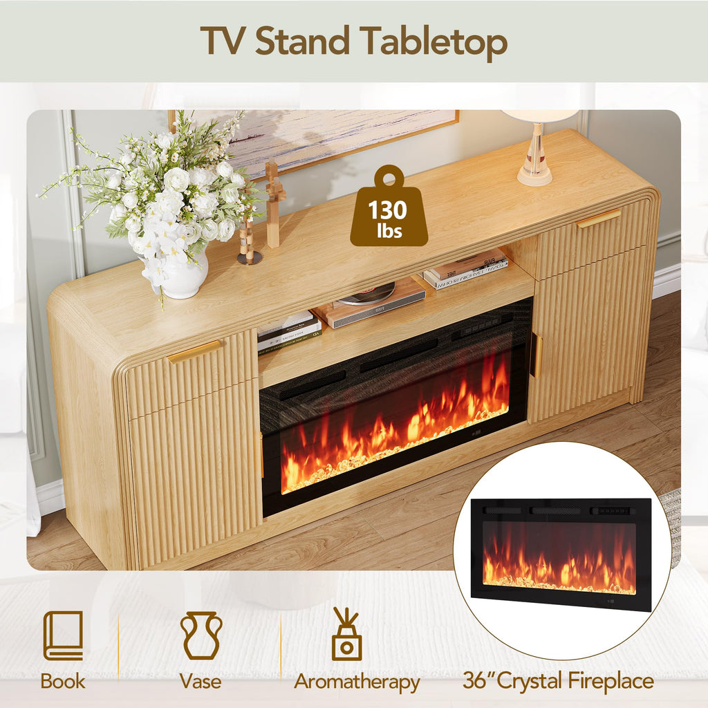 70" Fireplace TV Stand, Fluted Entertainment Center 36" Electric Fireplace for TVs Up to 80", Wood Media Console with