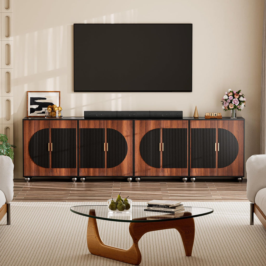 116" Fluted Modular Buffet Cabinet with Arched Doors & Gold Handles, Mid Century Modern Sideboard Credenza Storage