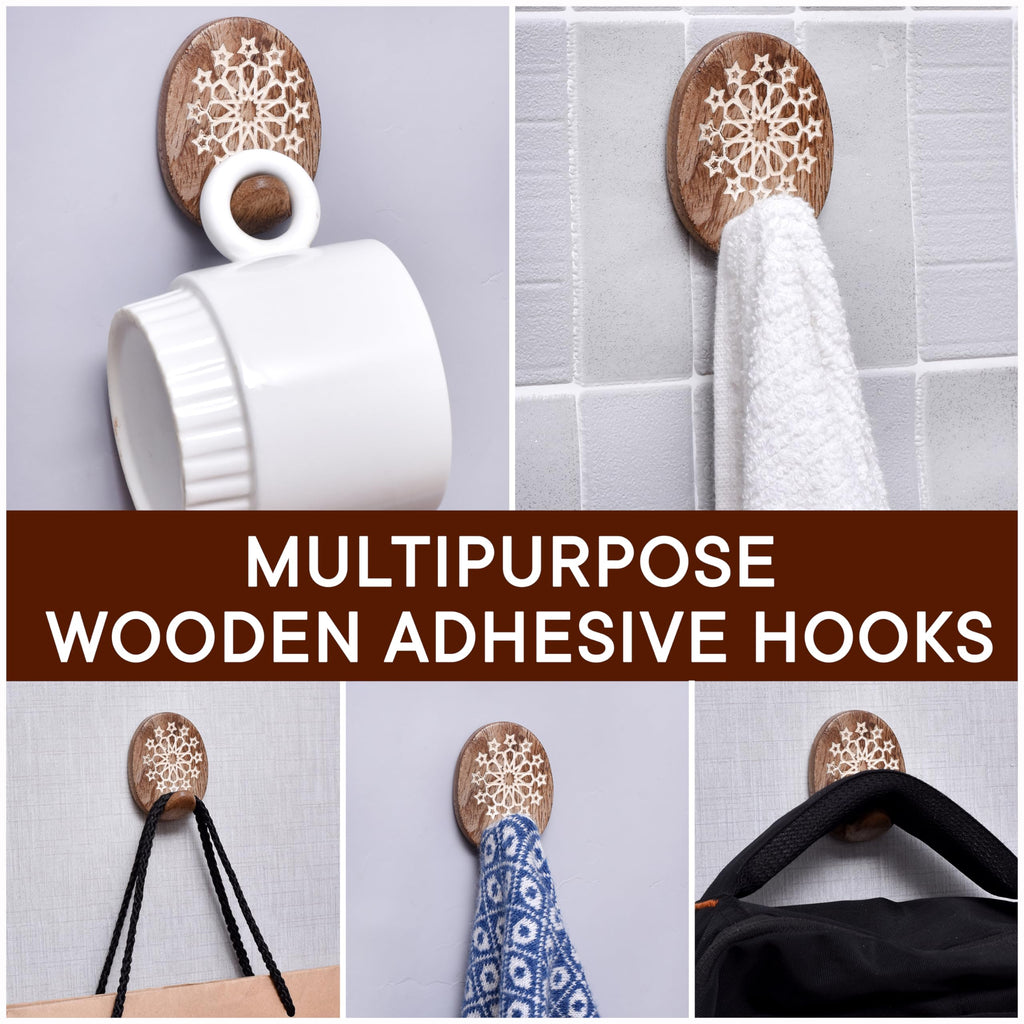 Brown Style 6 Wood Wall Hooks - 6 Pack, Handmade, Farmhouse Decor, 6 lb Capacity, No Drill, Adhesive Wall Mount, 6.5