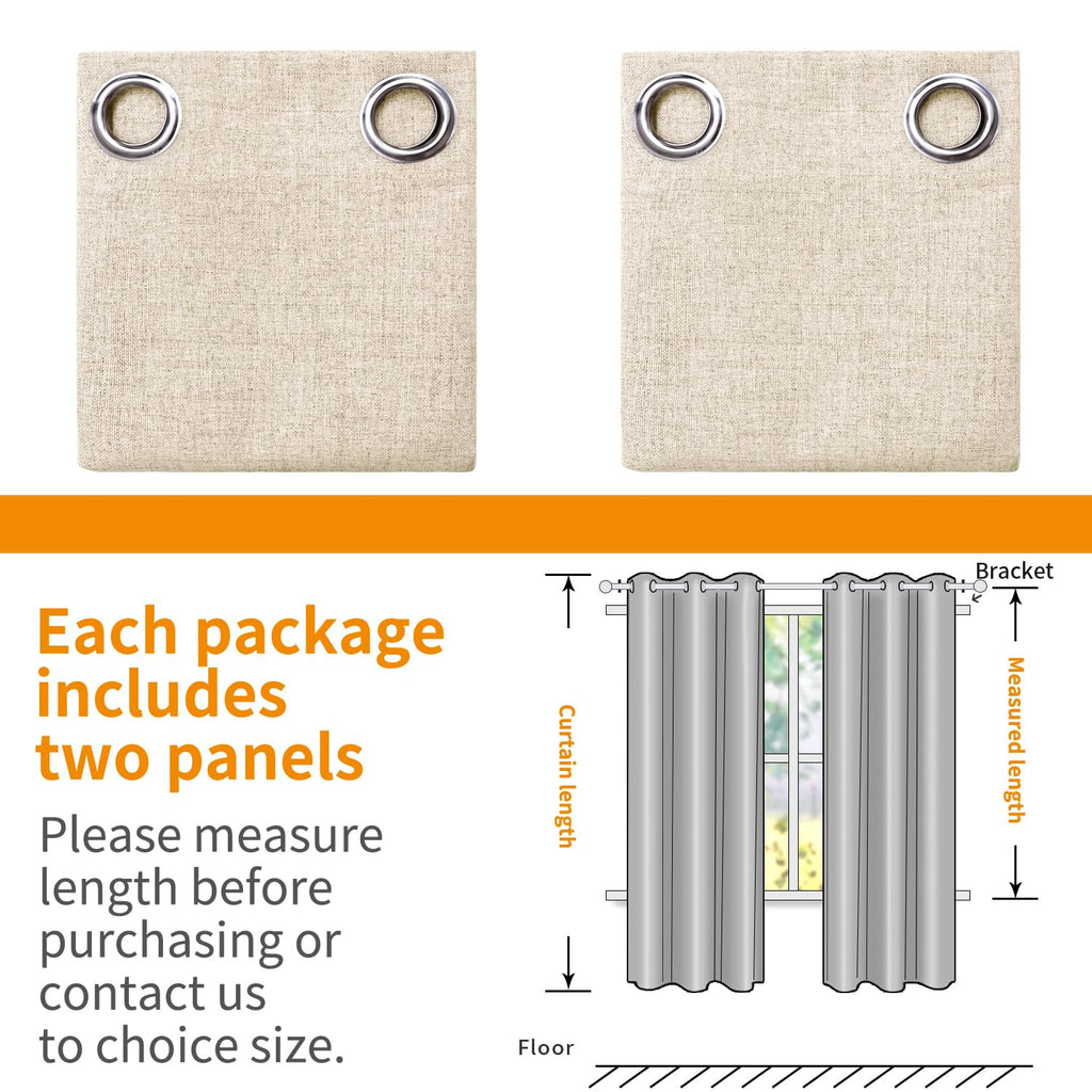 Linen Blackout Curtains 48 Inch Length, Short Thermal Insulated Drapes Room Darkening with Grommet Privacy Window