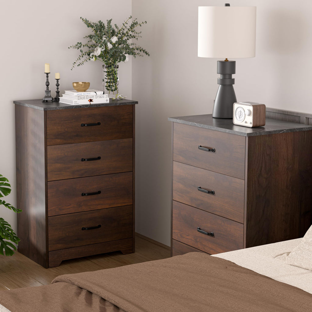 Farmhouse 4 Drawer Dresser, Small Wooden Chest of Drawers Classic White Dresser Living Room Entryway (Dark Walnut, 4