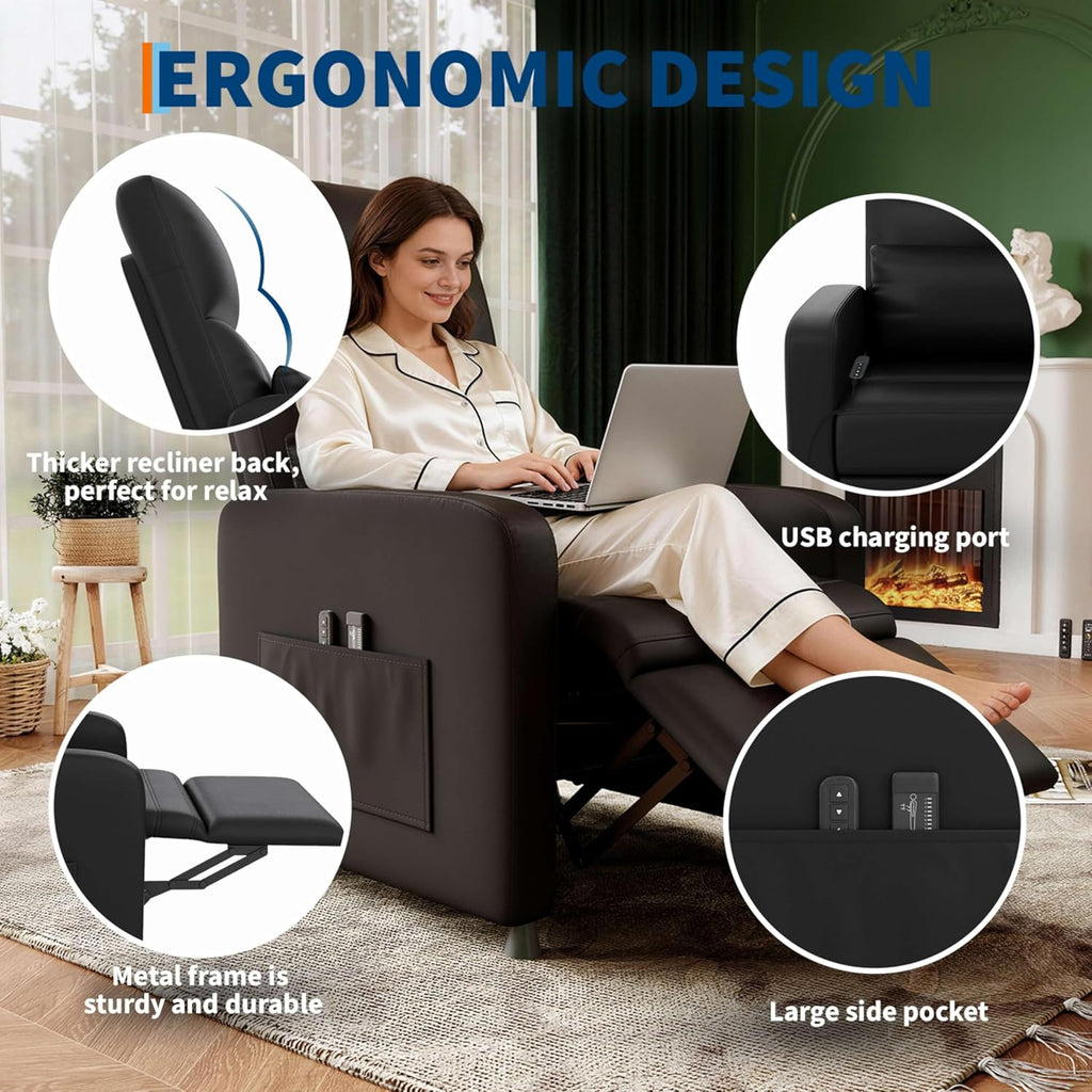 Power Recliner Chair with Massage and Heat, Adjustable Electric Recliner Ergonomic Overstuffed PU Leather Single