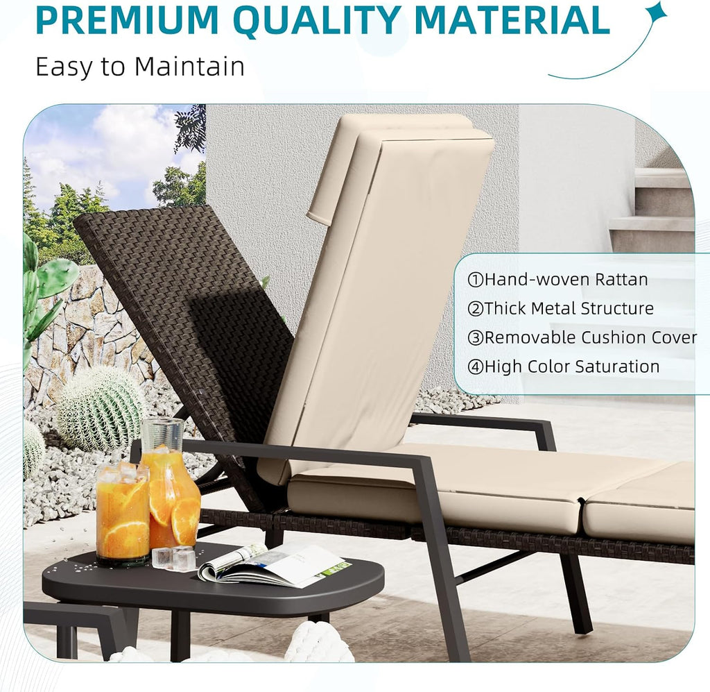 Chaise Lounge Chairs for Outdoor, Lounge Chairs Set of 2, Adjustable PE Rattan Wicker Patio Pool Lounge Chair with