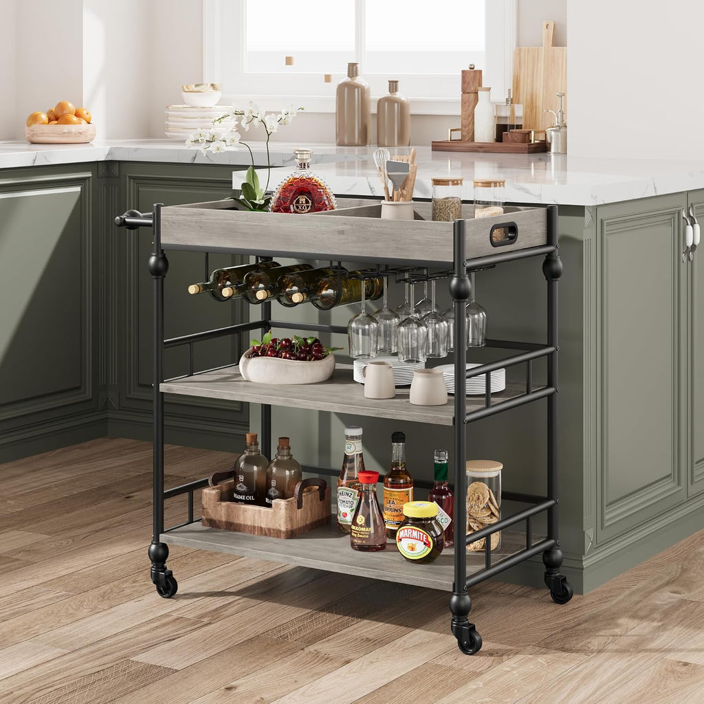 Bar Cart, Bar Carts for The Home, 3 Tier Serving Cart with Wheels, Home Bar & Serving Carts, Metal Rolling Cart with