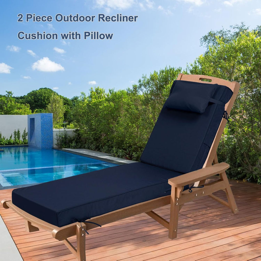 Outdoor Chaise Lounge Cushions Set of 2, Waterproof Fade Resistant Patio Lounger Cushion with Removable Cover