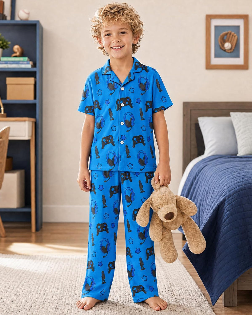 Boys Pajamas 2 Piece Set Big Boys Pjs Button Down Short Sleeve and Pants Kids Sleepwear Loungewear