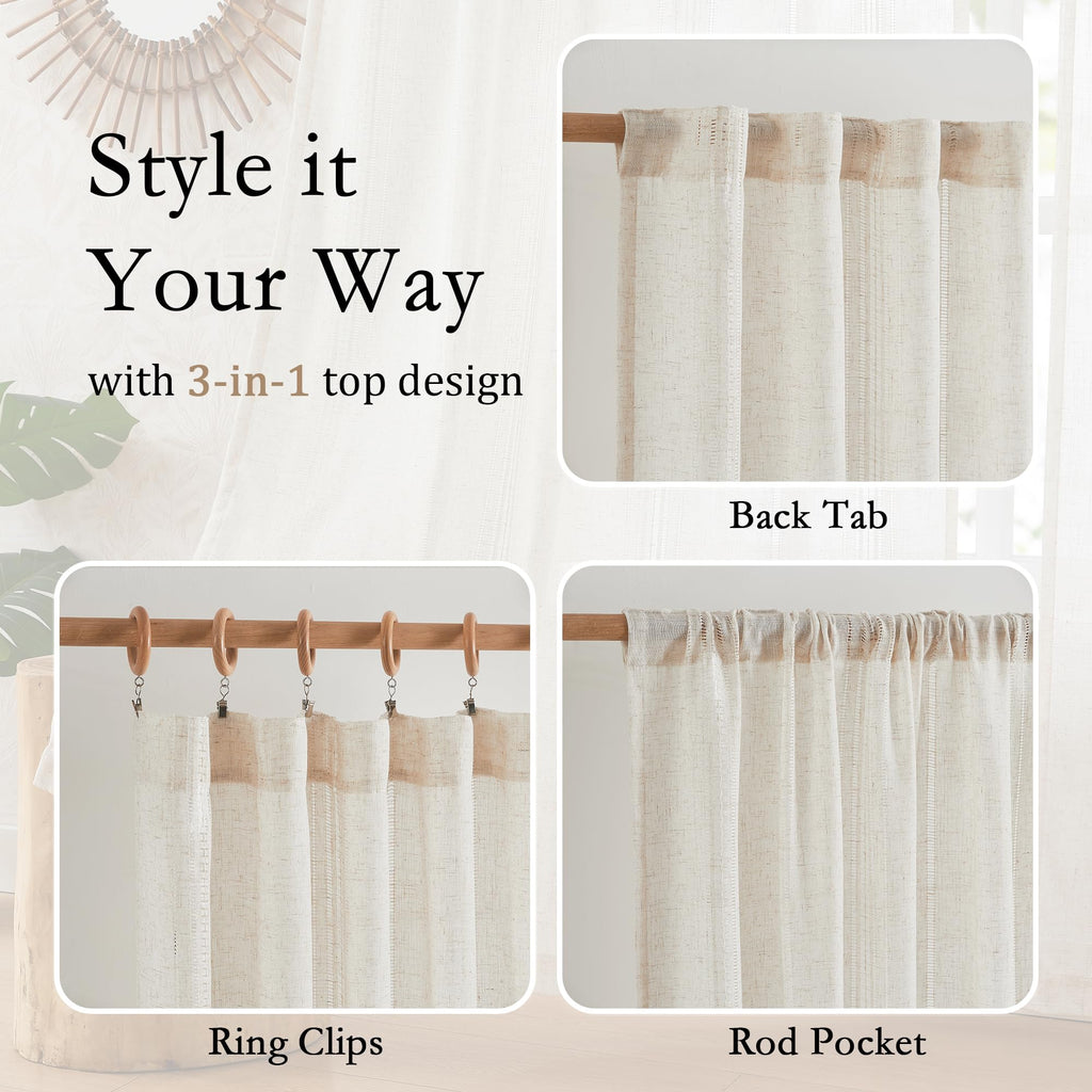Natural Linen Boho Curtains 84 Inches Long Light Filtering Semi Sheer Privacy Drapes, Farmhouse Rustic Hollowed-Out