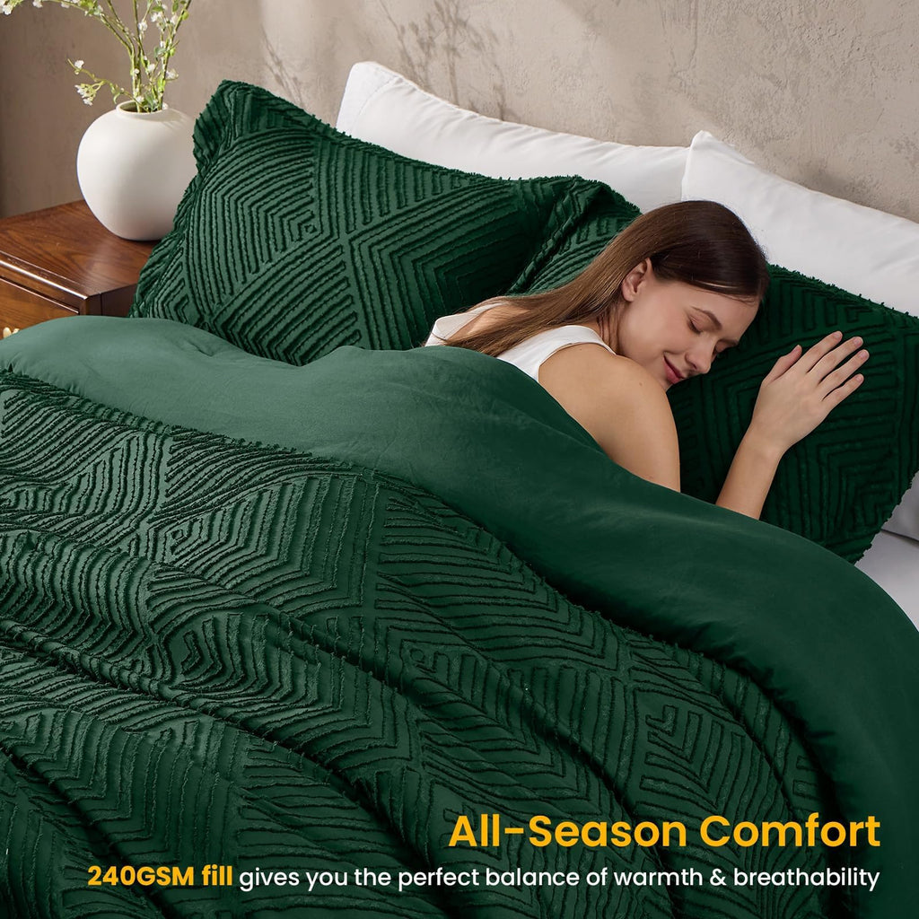 Comforter Set, Boho Tufted 3-Piece Bedding Set, Green