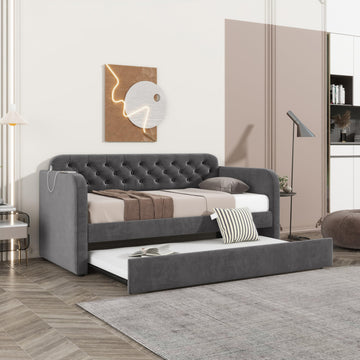 Twin Size Daybed with Trundle, Upholstered Twin Daybed with USB Charging Design, Velvet Upholstered Daybed Frame
