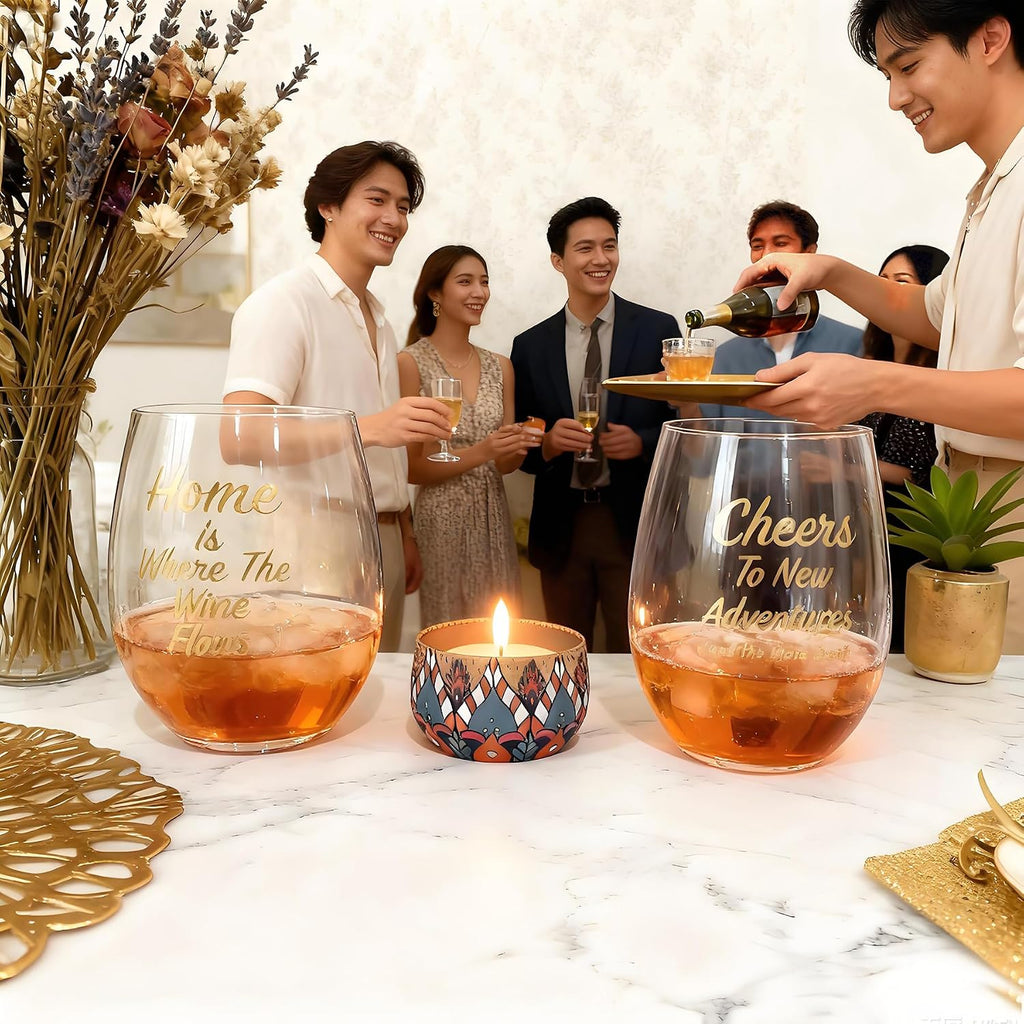 Housewarming Wine Glasses with Candle Set Stemless Wine Glass Set as Homeowners, New House,First Home - Set of 2