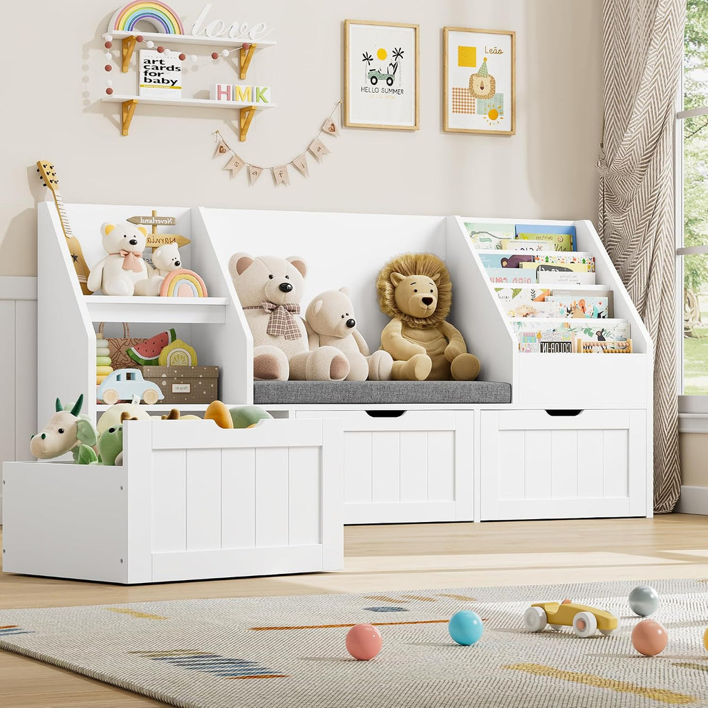 Kids Bookshelf with Reading Nook, Toy Storage with Seat Cushion | 55.1'' Toy Storage Organizer with 3 Movable