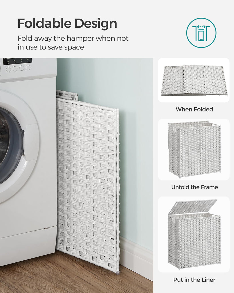 Laundry Hamper with Lid, 110L Double Wicker Basket, 6 Mesh Bags