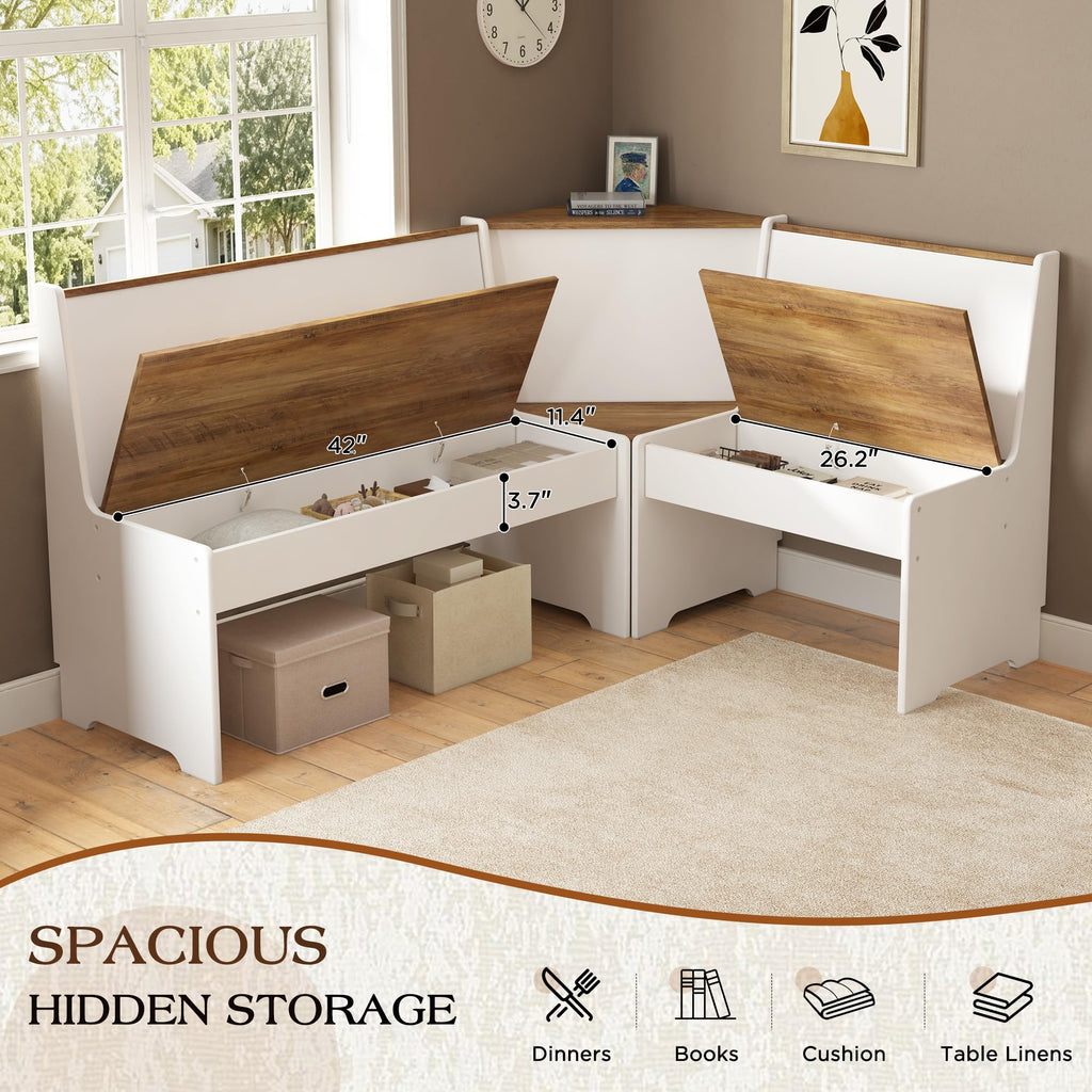 3-Piece Corner Dining Set with Hidden Storage, White & Barnwood