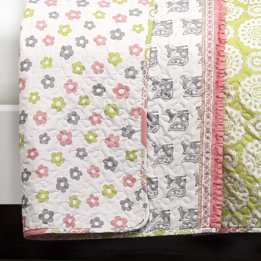 Fox Ruffle Stripe 4 Piece Quilt Set, Twin, Pink/Gray