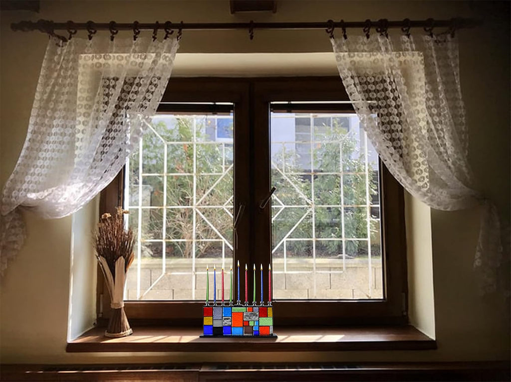 Glass Hanukkah - Wall of Unity Multicolored Chanukah - Handcrafted Painted Glass - Fits All Standard Candles
