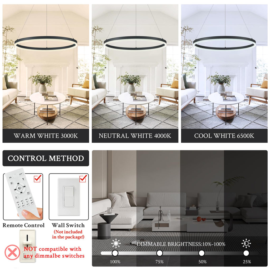 Modern LED Pendant Lighting Ring Chandelier Black Dimmable LED Chandelier 36W Adjustable Pendant Light Fixture