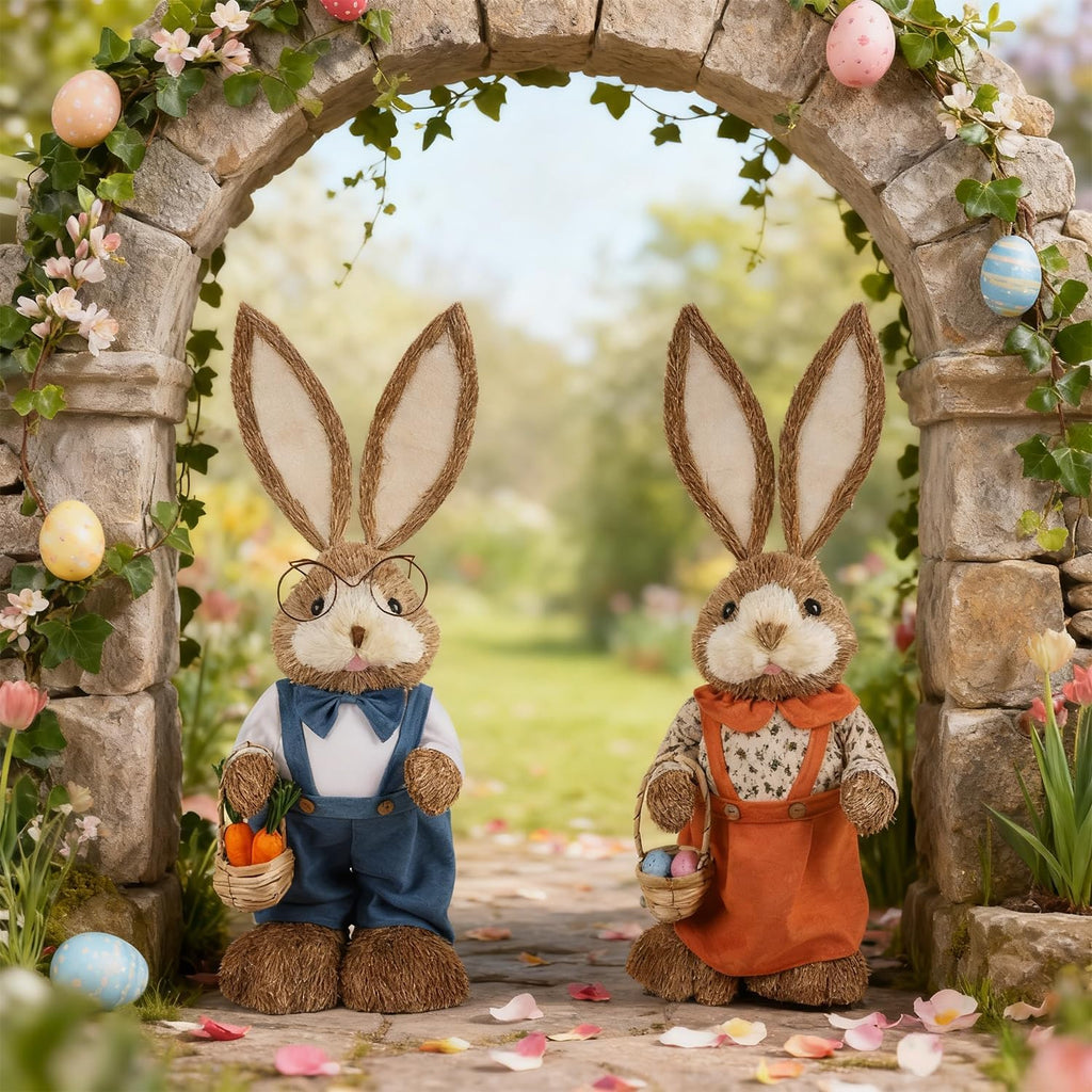 Easter Bunny Decor, 32"(2.6FT) Large Standing Sisal Rabbit Figurine, Handmade Easter Straw Mrs. Bunny Statues, Cute