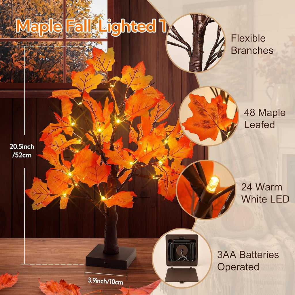 24" Artificial Fall Lighted Maple Tree with Timer, USB/Battery Operated, 24 LEDs & 48 Autumn Leaves, DIY Bendable
