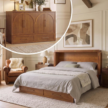 Solid Wood Queen Murphy Bed with Mattress, Arch Recessed Design