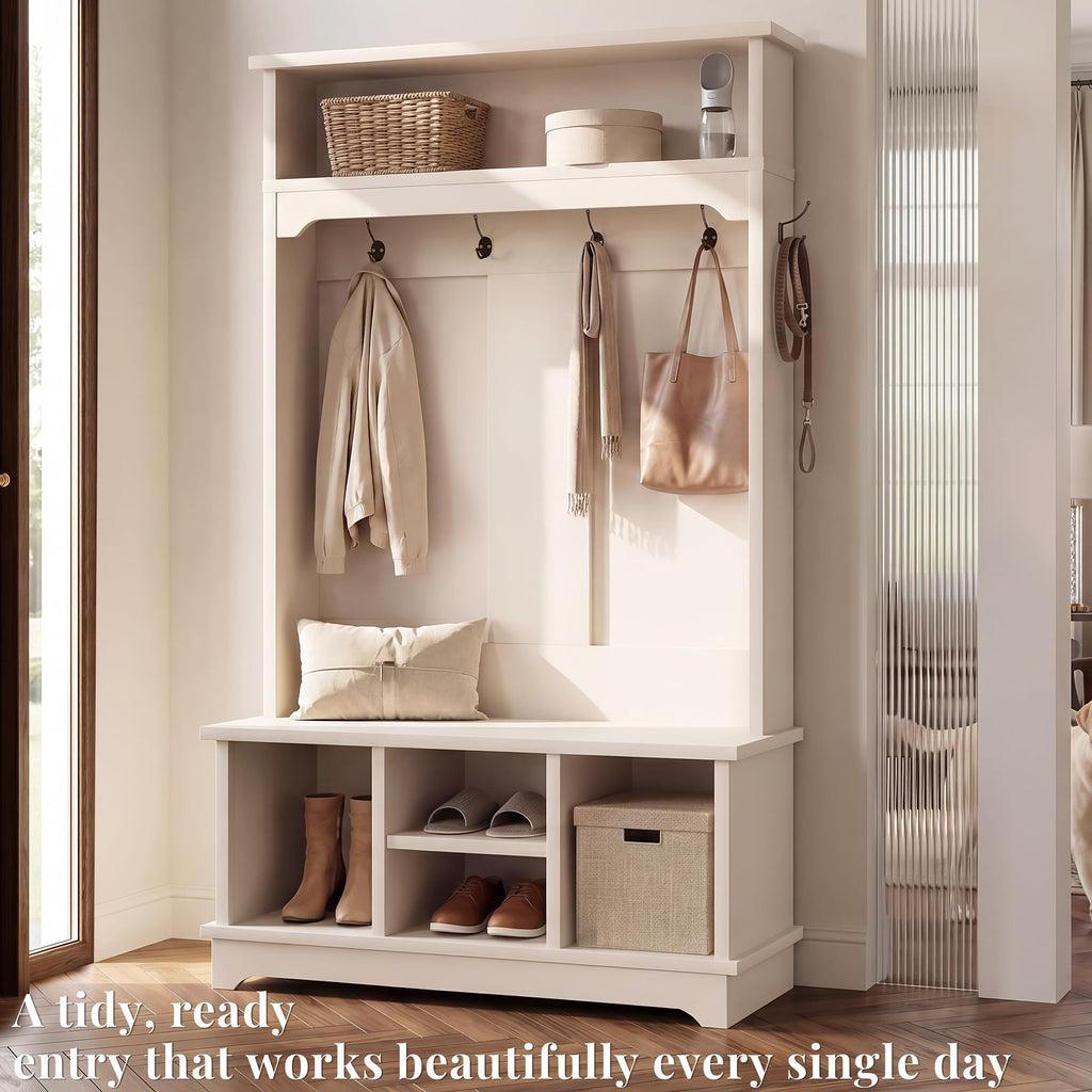 71" Hall Tree with Bench and Shoe Storage, Wood Entryway Coat Rack, White