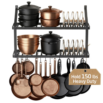 150 lb High-Capacity Pot Rack Wall Mounted with Pot Lid Holder, 34 Inch Heavy-Duty Pots and Pans Hanging Rack with 20