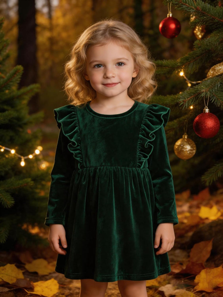 Velour Velvet Dress Long Sleeve Ruffle Party Dress Soft Stretch Fall Dress for Toddler Kids