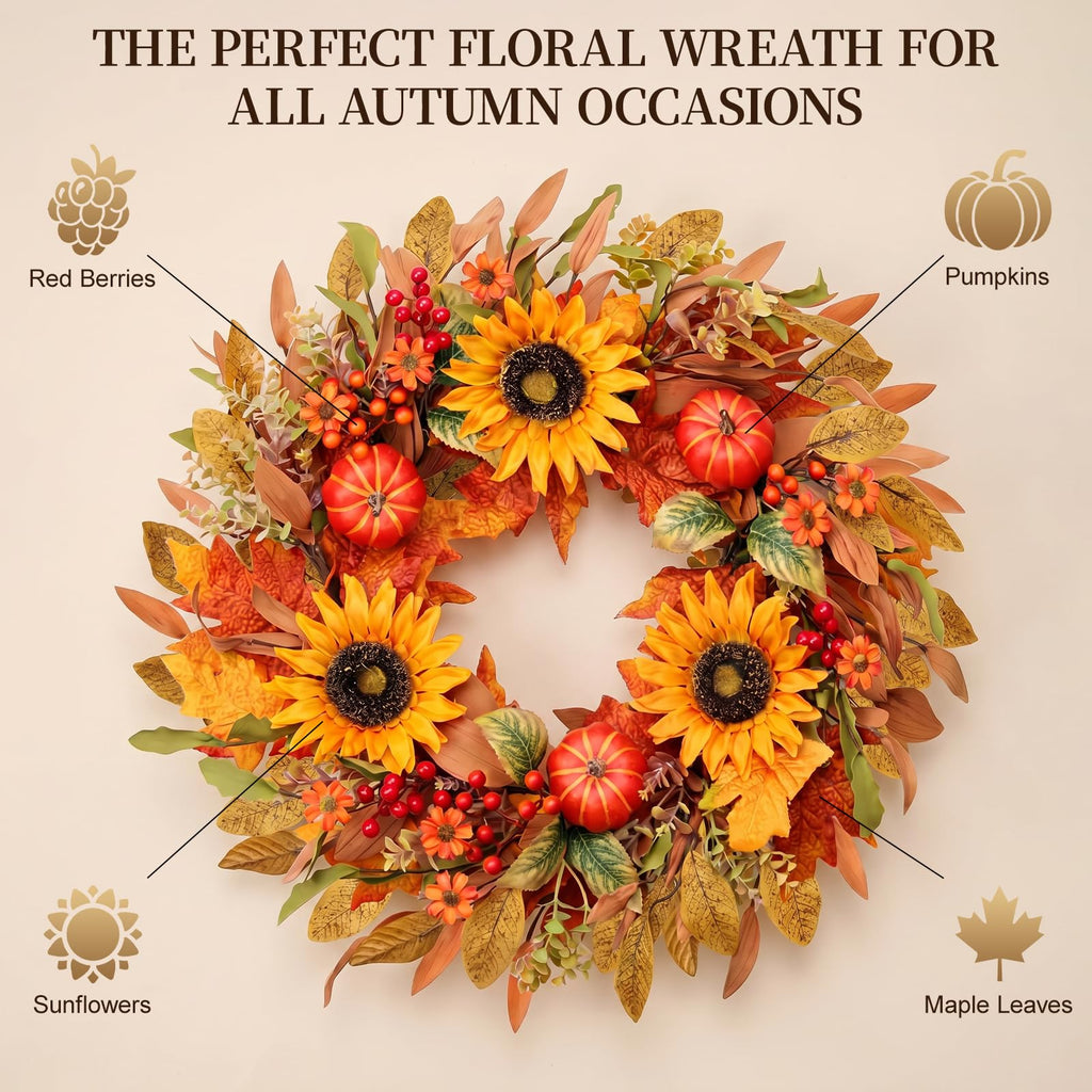 Fall Wreaths for Front Door 24 Inch Artificial Fall Wreath with Orange Pumpkins Berries Maple Leaves and Grapevine