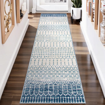 Runner Rug 2x8 Hallway Rug Runner Washable Non-Slip Kitchen Carpet Untra- Thin Throw Blue Mat, Moroccan Geometric