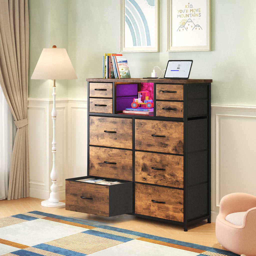 10-Drawer Tall Dresser, LED & Charging Station, Brown