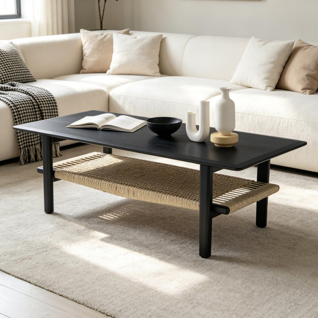 2-Tier Rattan Coffee Table, 47" Rectangle Wood Center Table, Black