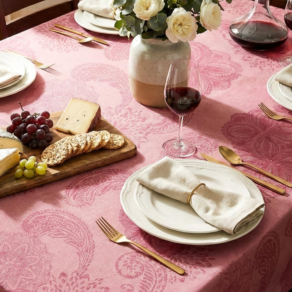 Cotton Damask Print Tablecloth with Scalloped Edge, Machine Washable, Onion Pink, 60 x 90 Inch Rectangle