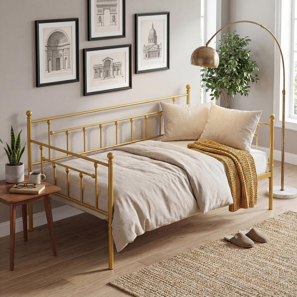 Twin Size Daybed Frame Metal Steel Slat Support with Headboard Sofa Bed Platform, Guest Room, Easy Assembly, Gold