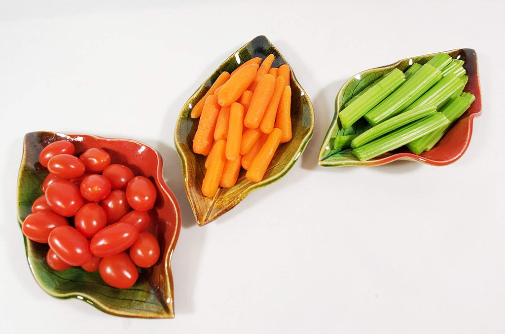 Pottery, Handmade Stoneware Hydrangea Leaf 3 Piece Dish Set or Spoon Rest In Festive Fall Colors