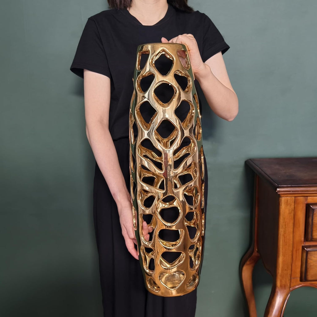 Large Modern Ceramic Floor Vase 24'' H Gold | Handmade Flower Holder Hand Carved Sophisticated Vessel for Decorative