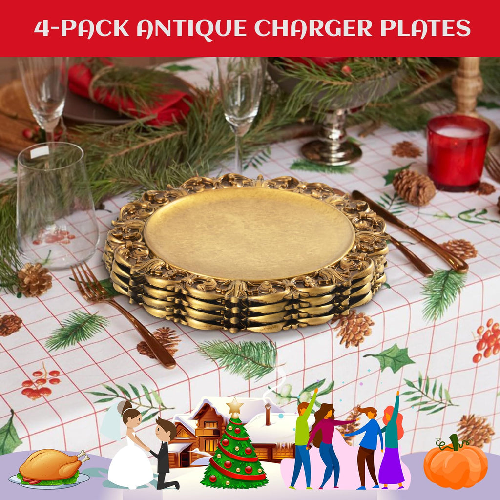 13" Antique Set of 4, Round Plate Chargers